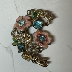 Vintage Floral Aqua Rhinestone Brooch Pink Enamel Gold Tone Faux Pearl AS IS MCM